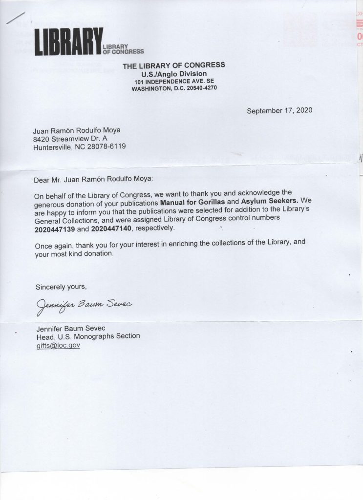 Letter from the Library of Congress of the US to Juan Rodulfo