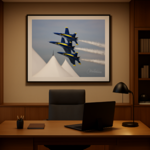 Blue Angels formation captured by Juan Rodulfo in a 100x70cm signed poster—an inspiring aviation moment perfect for art collectors and enthusiasts