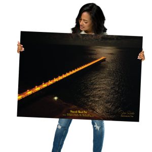 Pensacola Beach Pier at Night – Dramatic Aerial Photography Wall Art | Golden Light Coastal Decor