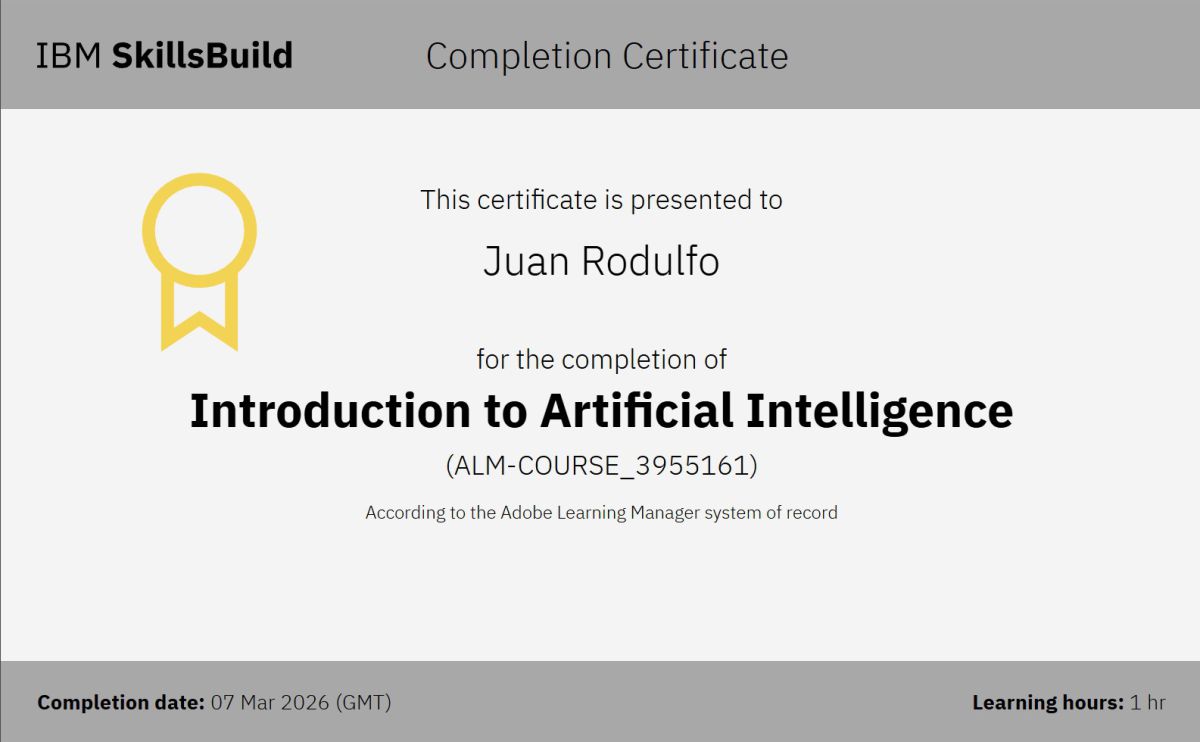 Juan Rodulfo – Introduction to Artificial Intelligence Certification by IBM SkillsBuild