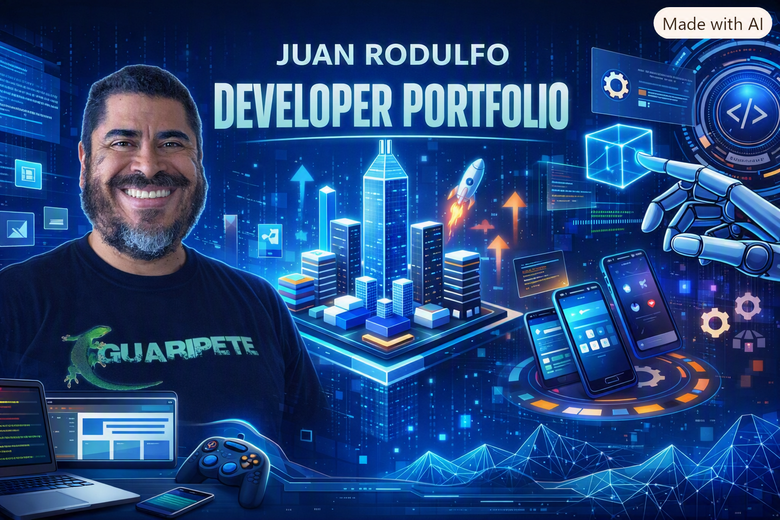 Juan Rodulfo's developer portfolio: 10+ years building WordPress & WooCommerce systems and AI-assisted automation, with credentials on GitHub, Google Developers, Apple Developer & Credly